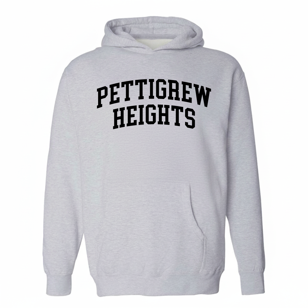 Heather-gray hoodie with the Pettigrew Heights varsity arched lettering design on the chest.