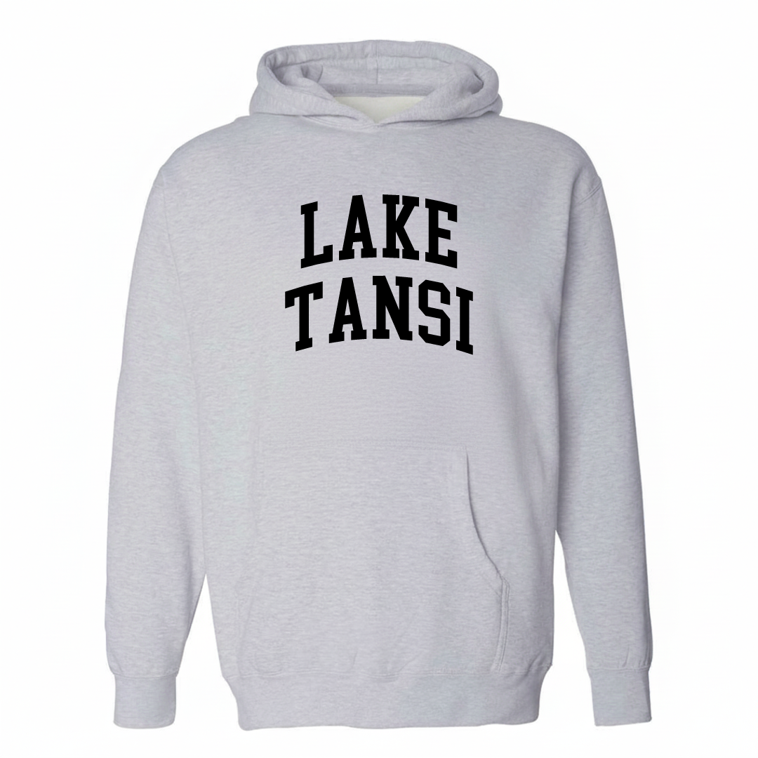Heather-gray hoodie with the Lake Tansi varsity arched lettering design on the chest.