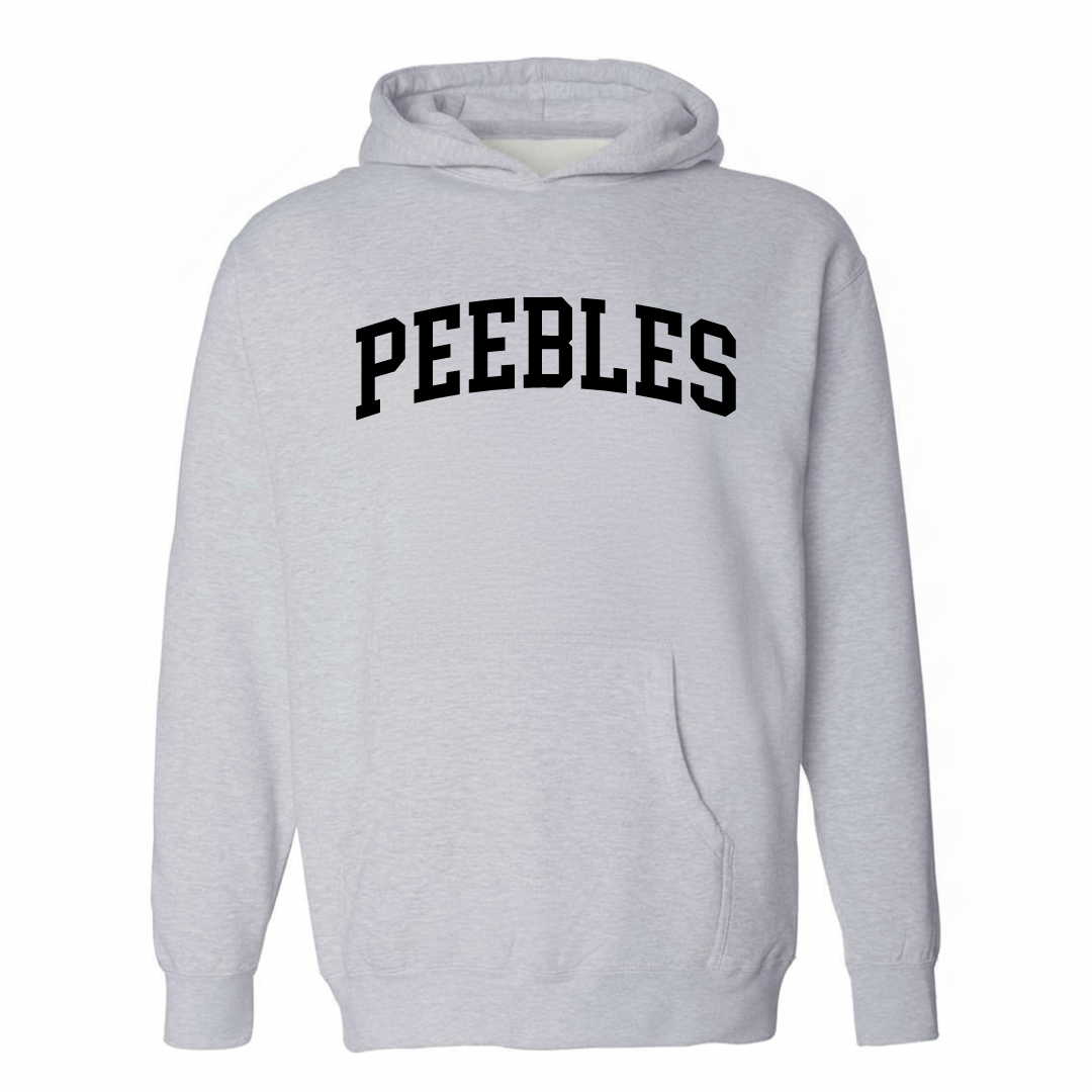 Heather-gray hoodie with the Peebles varsity arched lettering design on the chest.