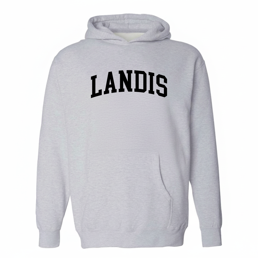 Heather-gray hoodie with the Landis arched varsity lettering design on the chest.
