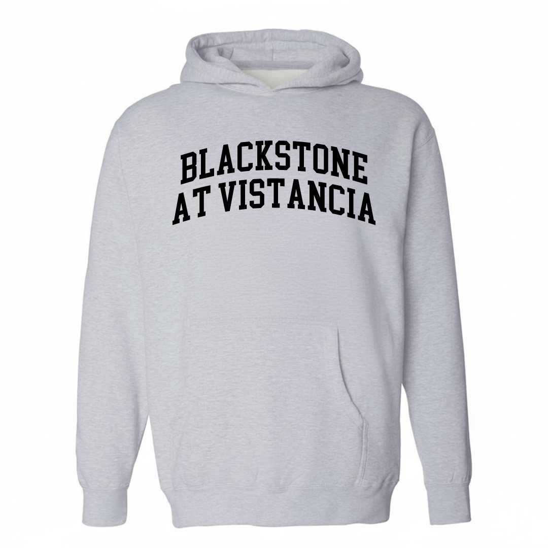 Heather-gray hoodie with the Blackstone at Vistancia varsity arched lettering design on the chest.