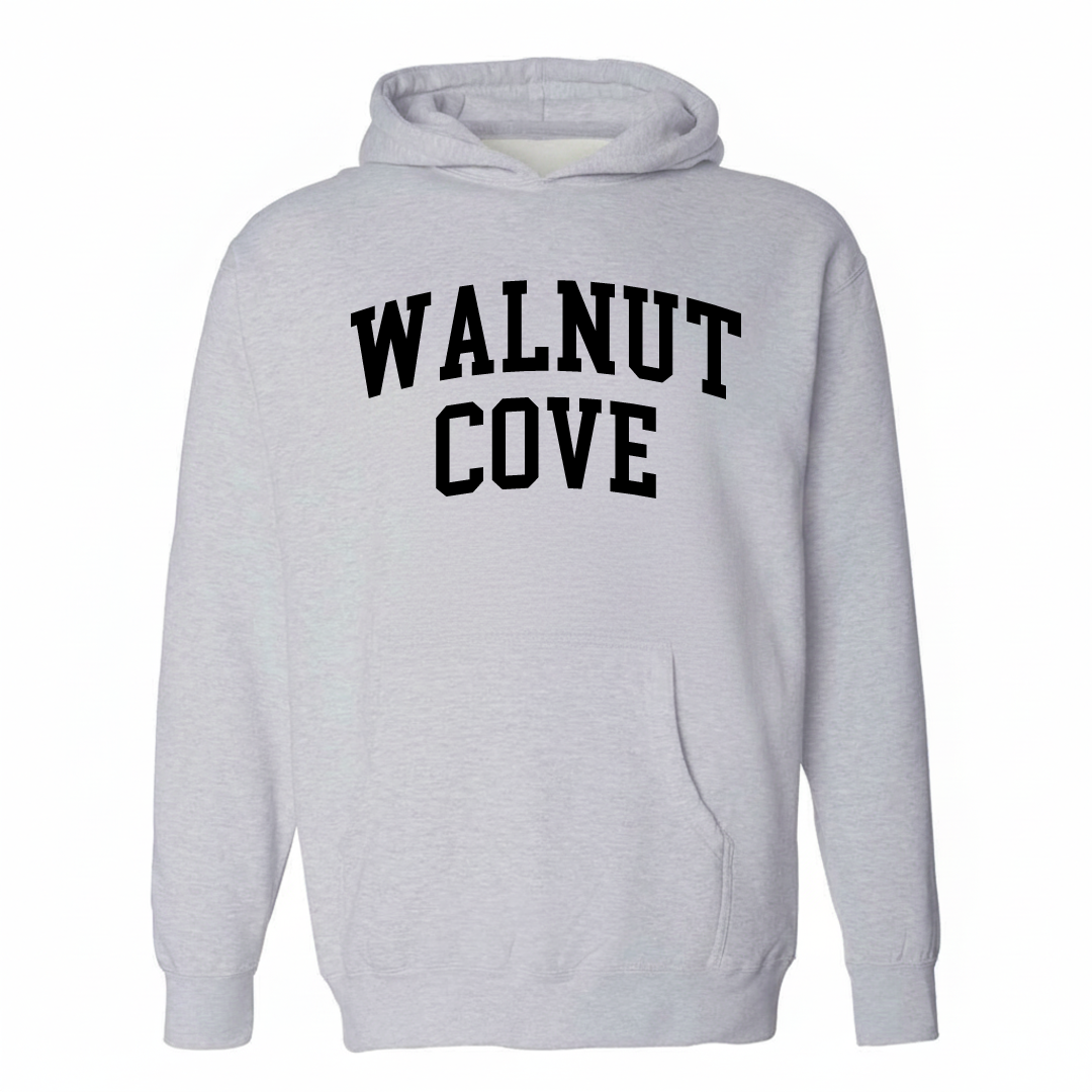 Heather-gray hoodie with the Walnut Cove varsity arched lettering design on the chest.