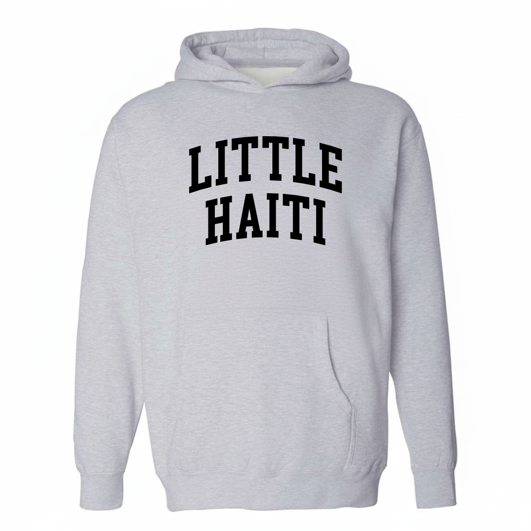 Heather-gray hoodie with the Little Haiti varsity arched lettering design on the chest.