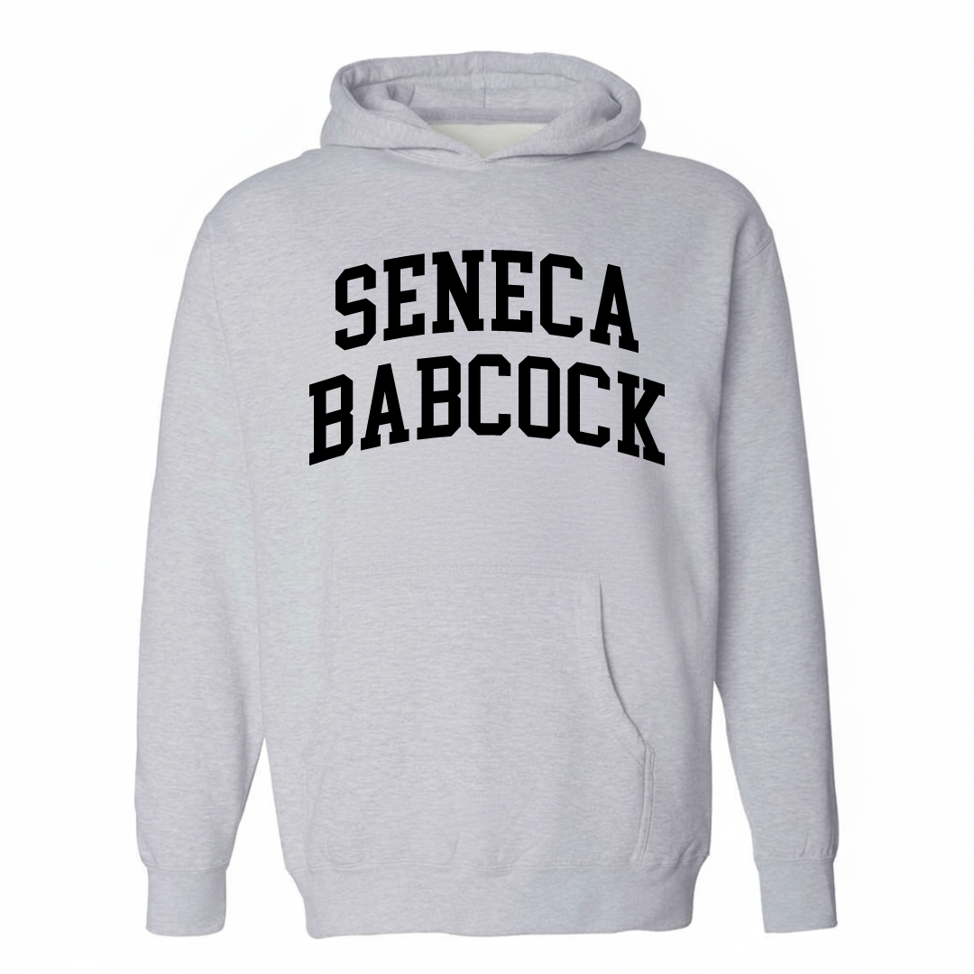 Heather-gray hoodie with the Seneca-Babcock varsity arched lettering design on the chest.