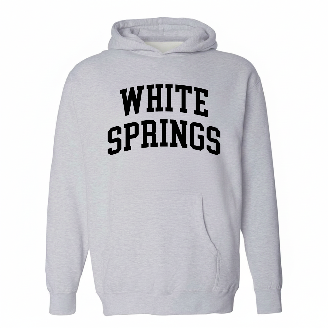 Heather-gray hoodie with the White Springs varsity arched lettering design on the chest.