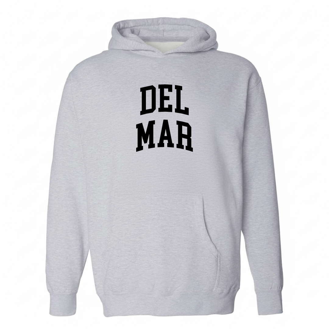 Heather-gray hoodie with the Del Mar arched lettering varsity-collegiate design on the chest.