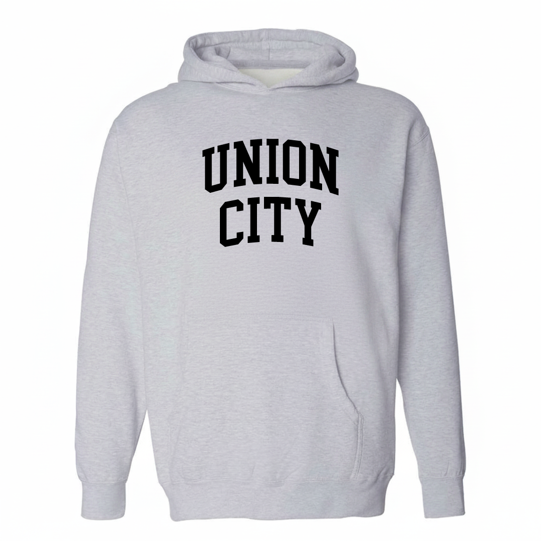 Heather-gray hoodie with the Union City arched lettering varsity-collegiate design on the chest.