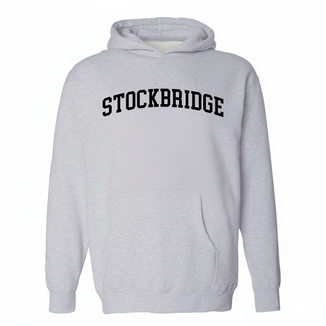 Heather-gray hoodie with the Stockbridge arched varsity lettering design on the chest.