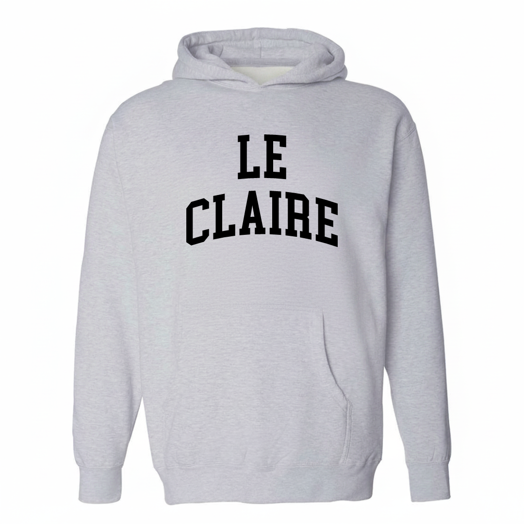 Heather-gray hoodie with the Le Claire arched varsity lettering design on the chest.