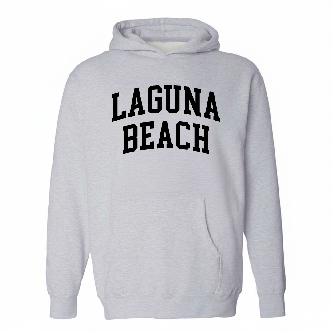 Heather-gray hoodie with the Laguna Beach varsity arched lettering design on the chest.