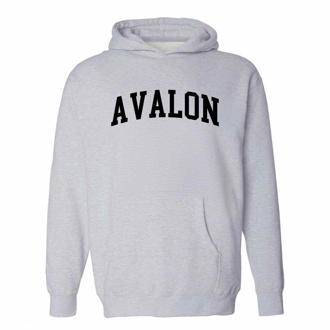 Heather-gray hoodie with the Avalon varsity arched lettering design on the chest.