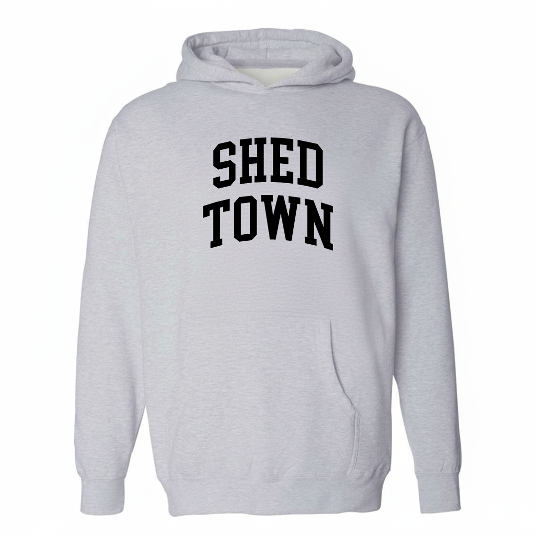 Heather-gray hoodie with the Shed Town varsity arched lettering design on the chest.