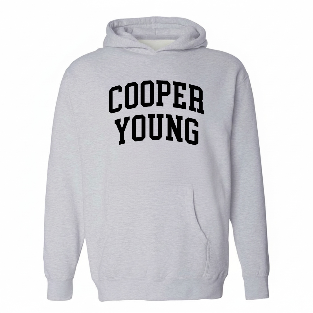 Heather-gray hoodie with the Cooper-Young varsity arched lettering design on the chest.