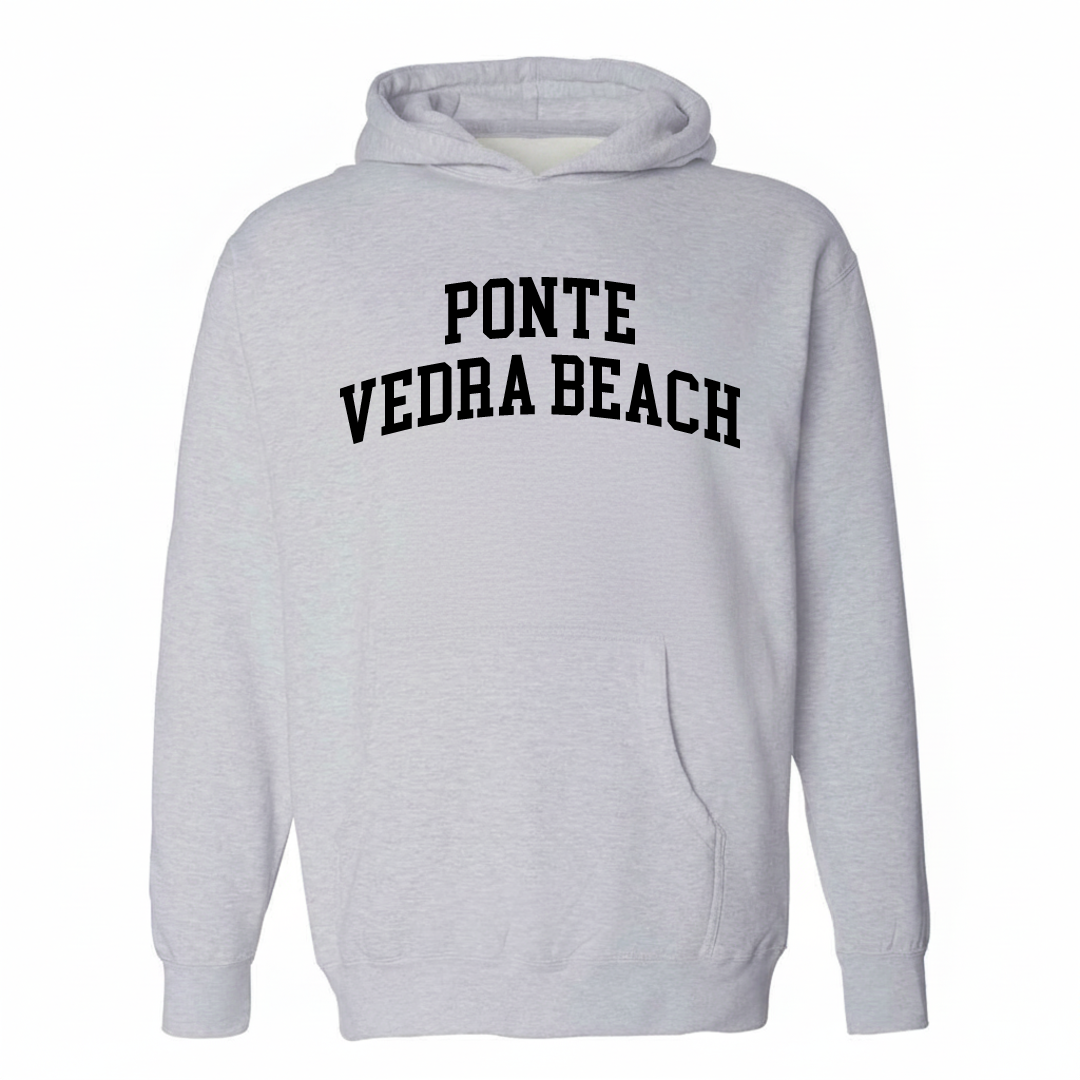 Heather-gray hoodie with the Ponte Vedra Beach varsity arched lettering design on the chest.