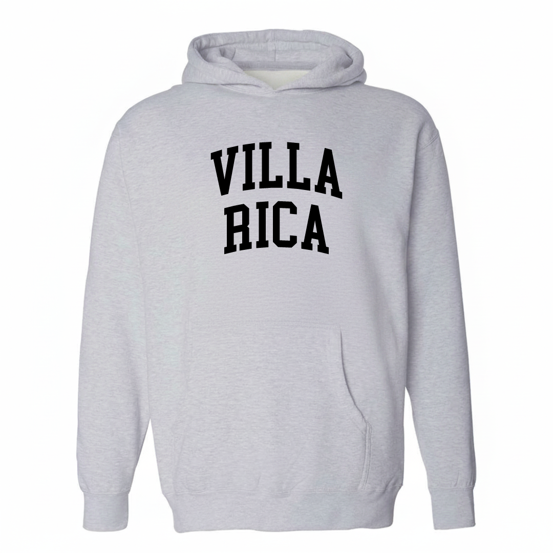 Heather-gray hoodie with the Villa Rica arched varsity lettering design on the chest.