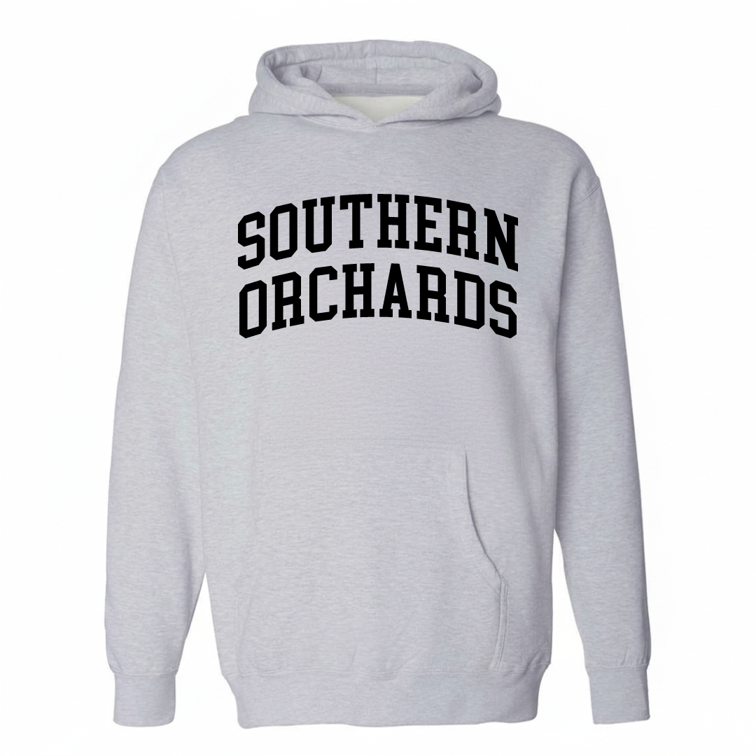 Heather-gray hoodie with the Southern Orchards varsity arched lettering design on the chest.