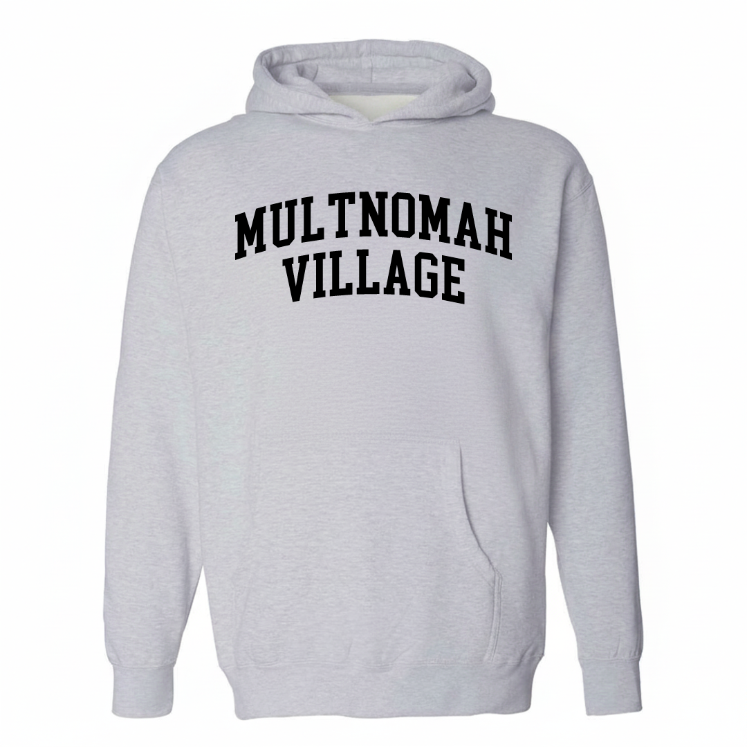 Heather-gray hoodie with the Multnomah Village varsity arched lettering design on the chest.