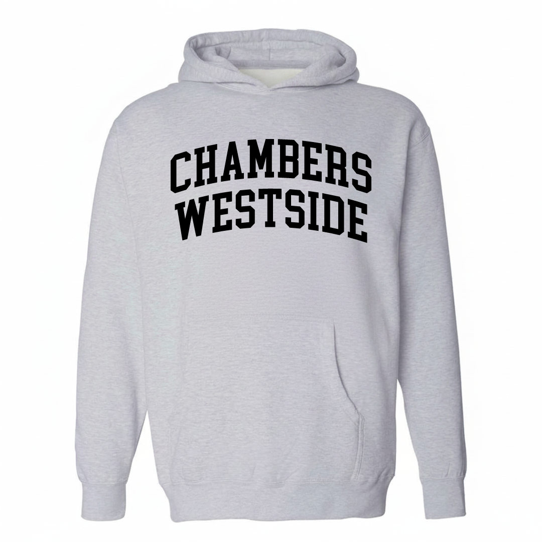 Heather-gray hoodie with the Chambers Westside arched lettering design on the chest.