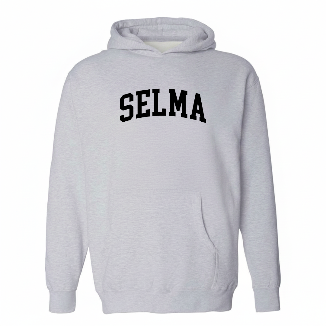 Heather-gray hoodie with the Selma varsity arched lettering design on the chest.