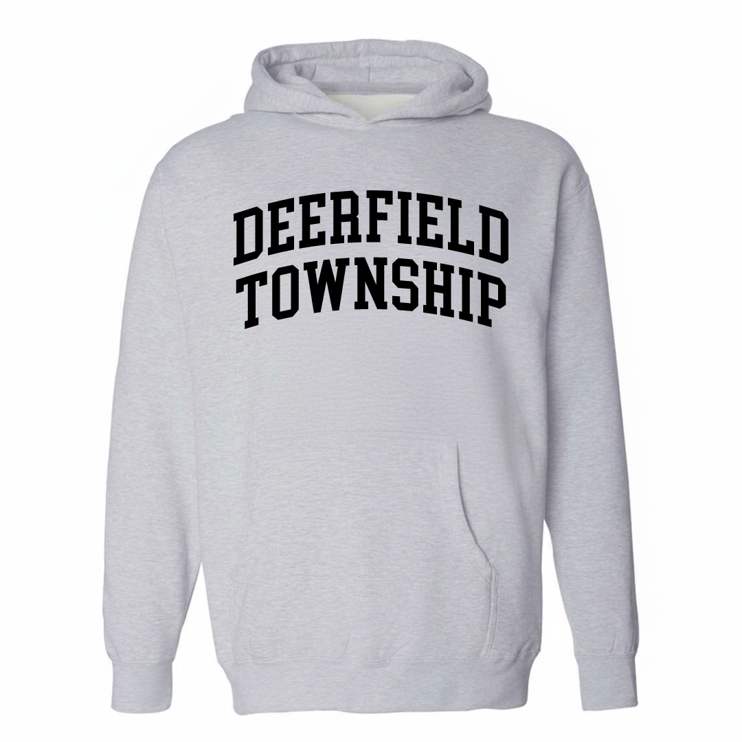 Heather-gray hoodie with the Deerfield Township varsity arched lettering design on the chest.