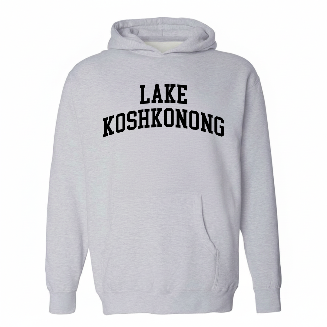 Heather-gray hoodie with the Lake Koshkonong varsity arched lettering design on the chest.