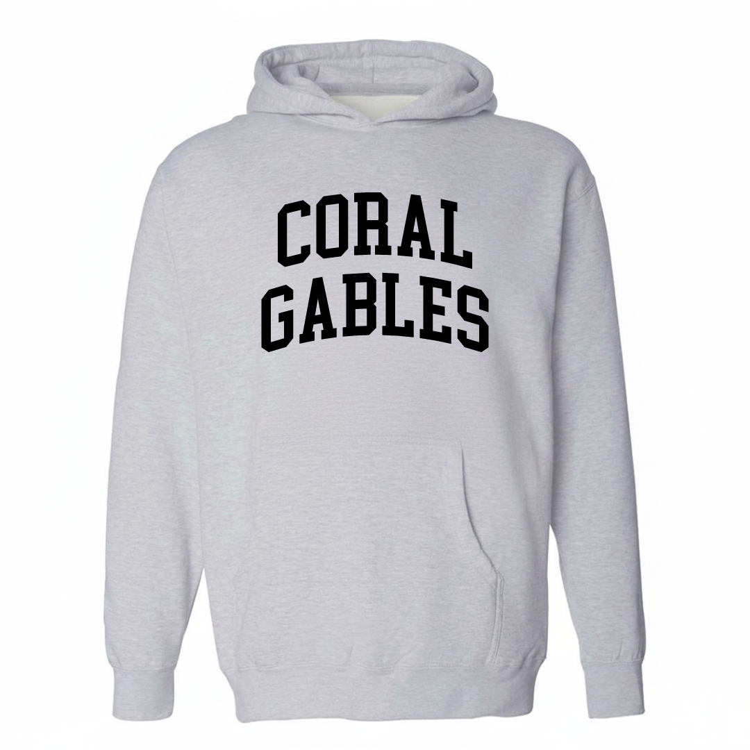 Heather-gray hoodie with the Coral Gables varsity arched lettering design on the chest.