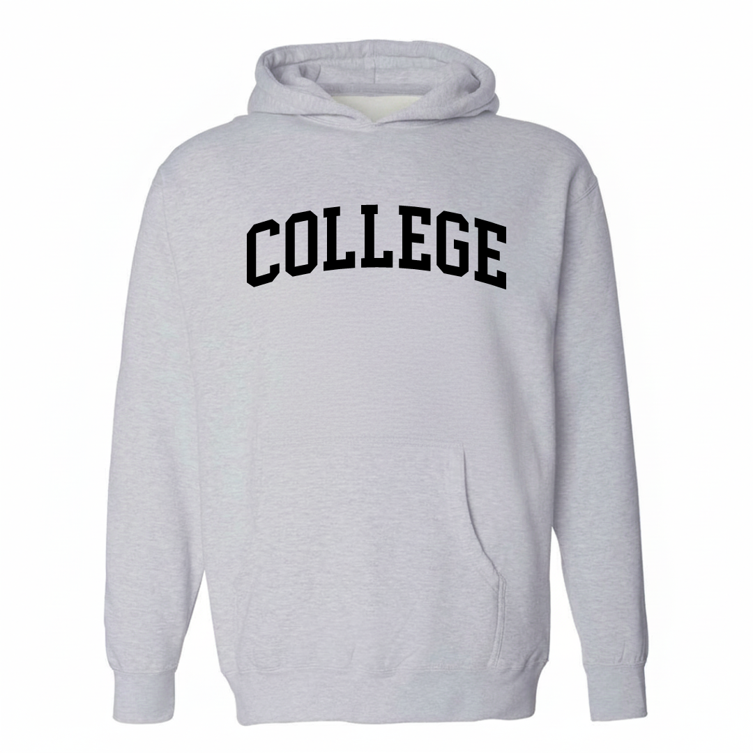 Heather-gray hoodie with the College neighborhood varsity arched lettering design on the chest.