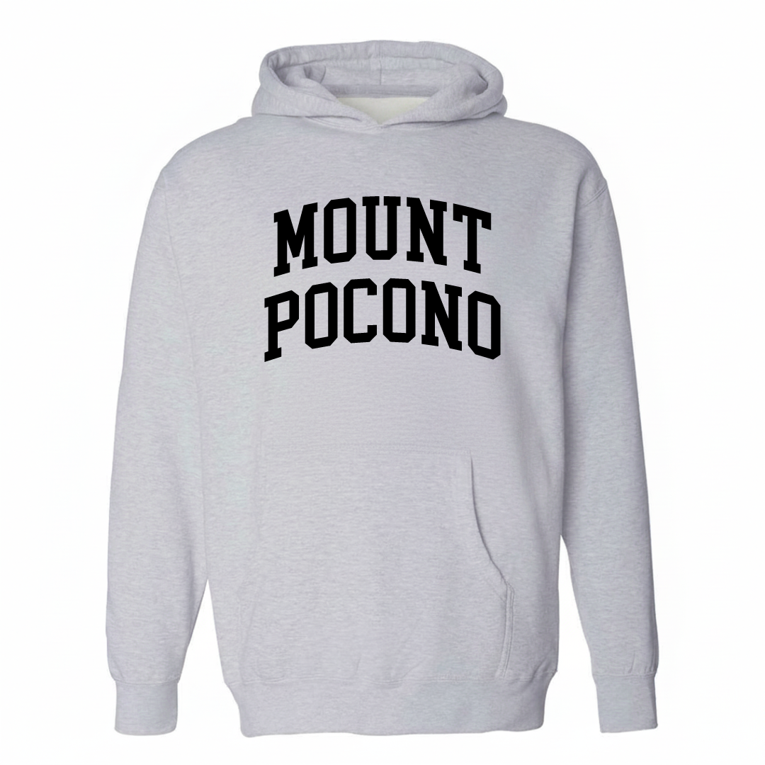 Heather-gray hoodie with the Mount Pocono varsity arched lettering design on the chest.