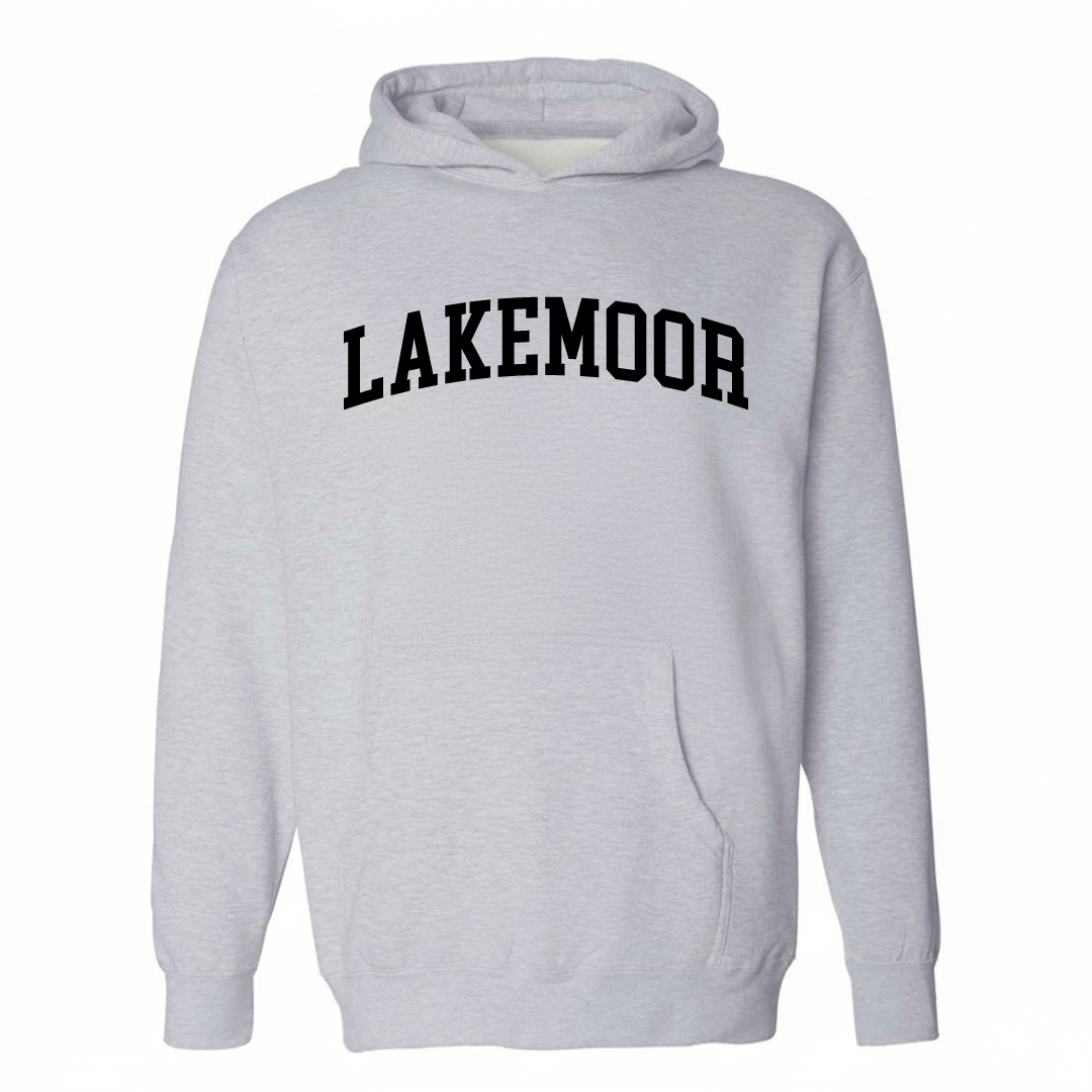 Heather-gray hoodie with the Lakemoor arched lettering varsity-collegiate design on the chest.