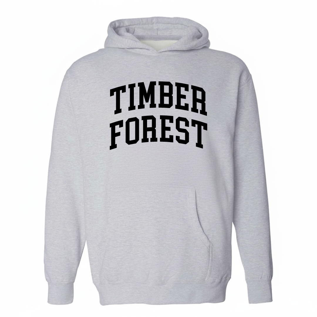 Heather-gray hoodie with the Timber Forest arched lettering design on the chest.