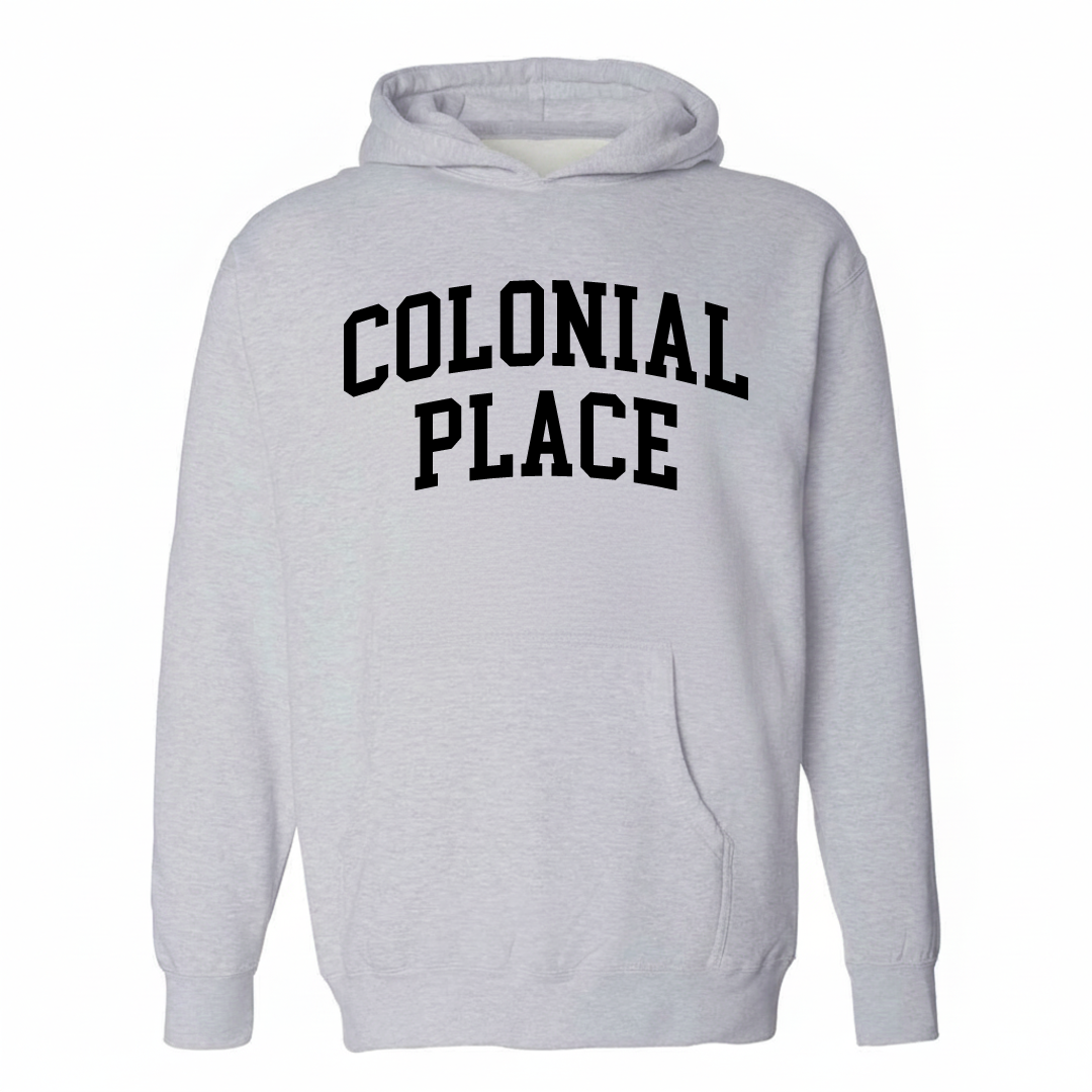 Heather-gray hoodie with the Colonial Place arched lettering design on the chest.
