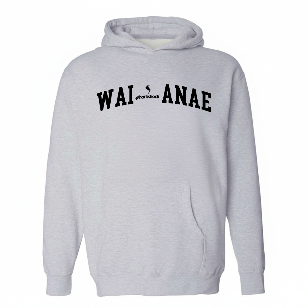 Heather-gray hoodie with the Waiʻanae arched varsity lettering design on the chest.