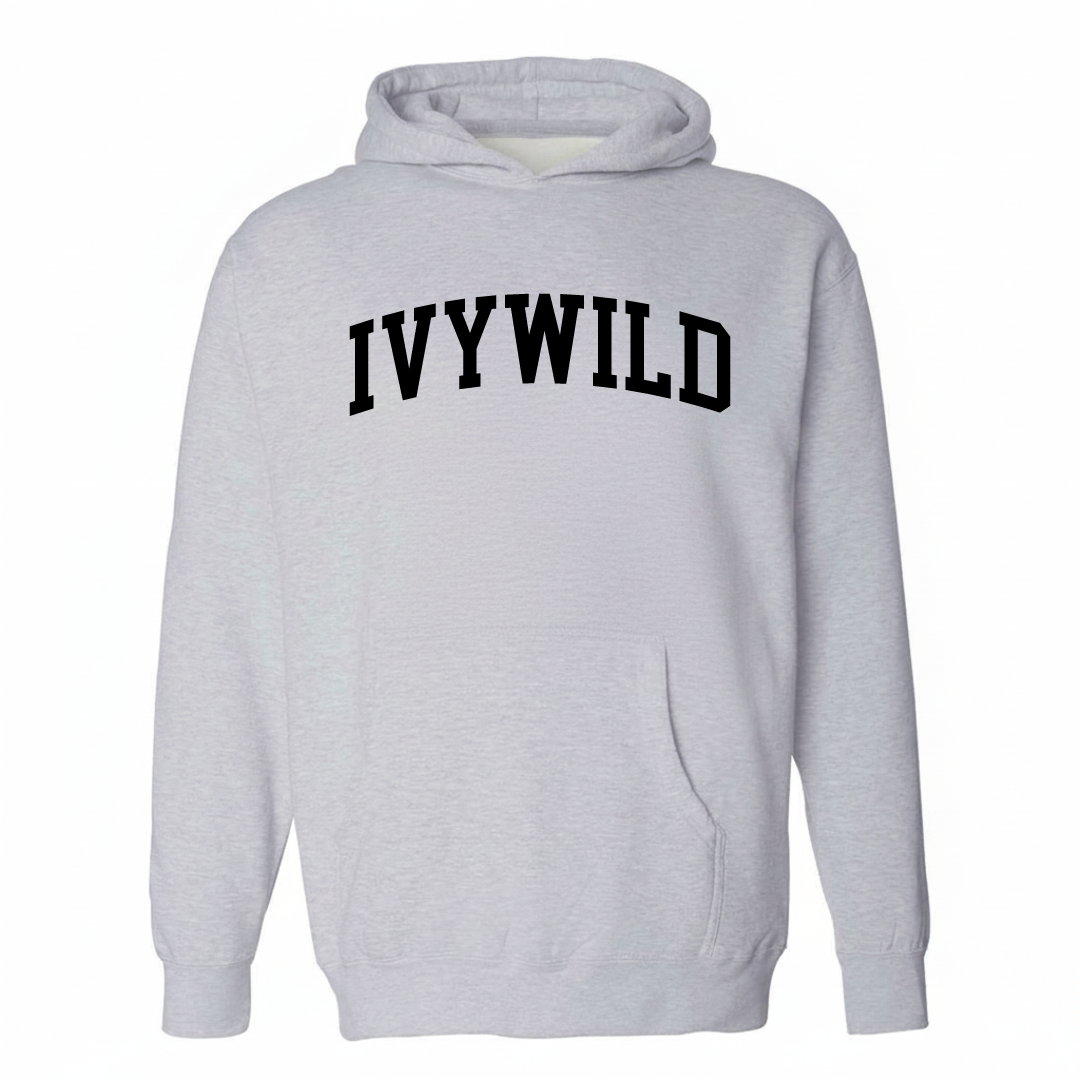Heather-gray hoodie with the Ivywild varsity arched lettering design on the chest.