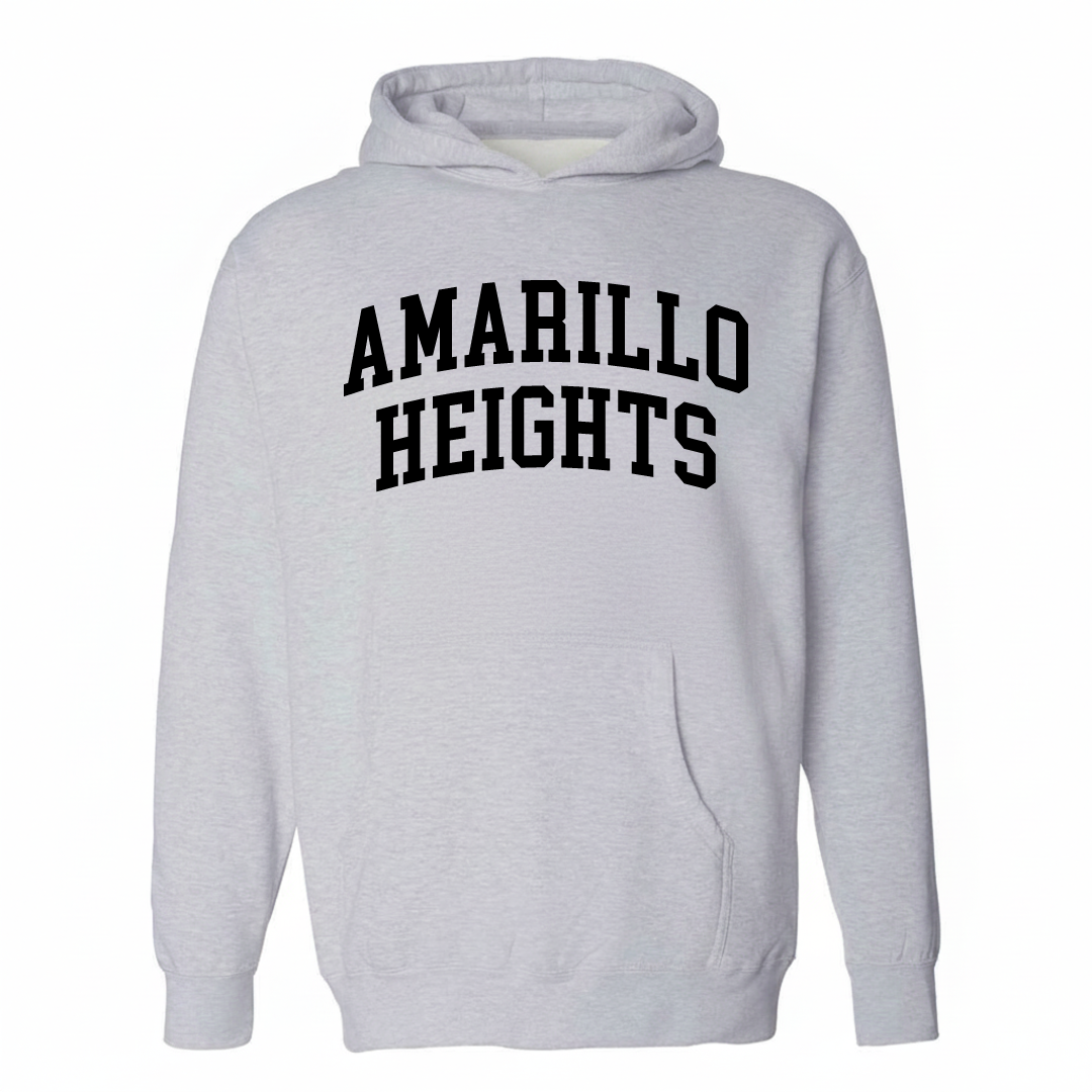 Heather-gray hoodie with the Amarillo Heights varsity arched lettering design on the chest.