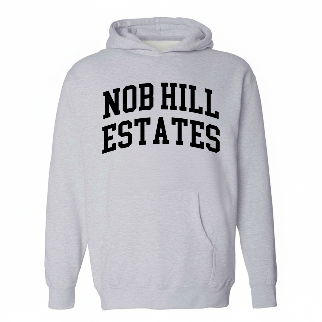 Heather-gray hoodie with the Nob Hill Estates varsity arched lettering design on the chest.