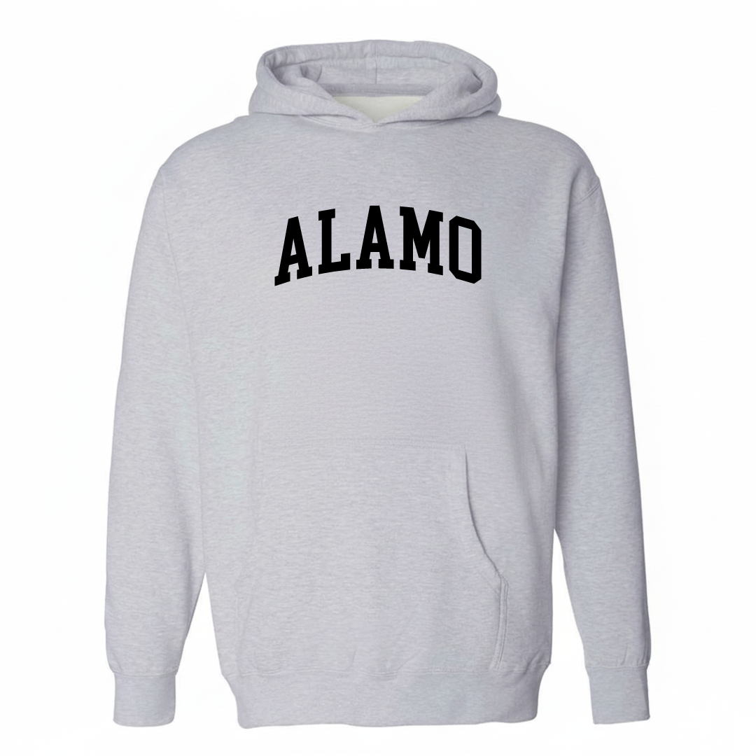 Heather-gray hoodie with the Alamo, Georgia varsity arched lettering design on the chest.