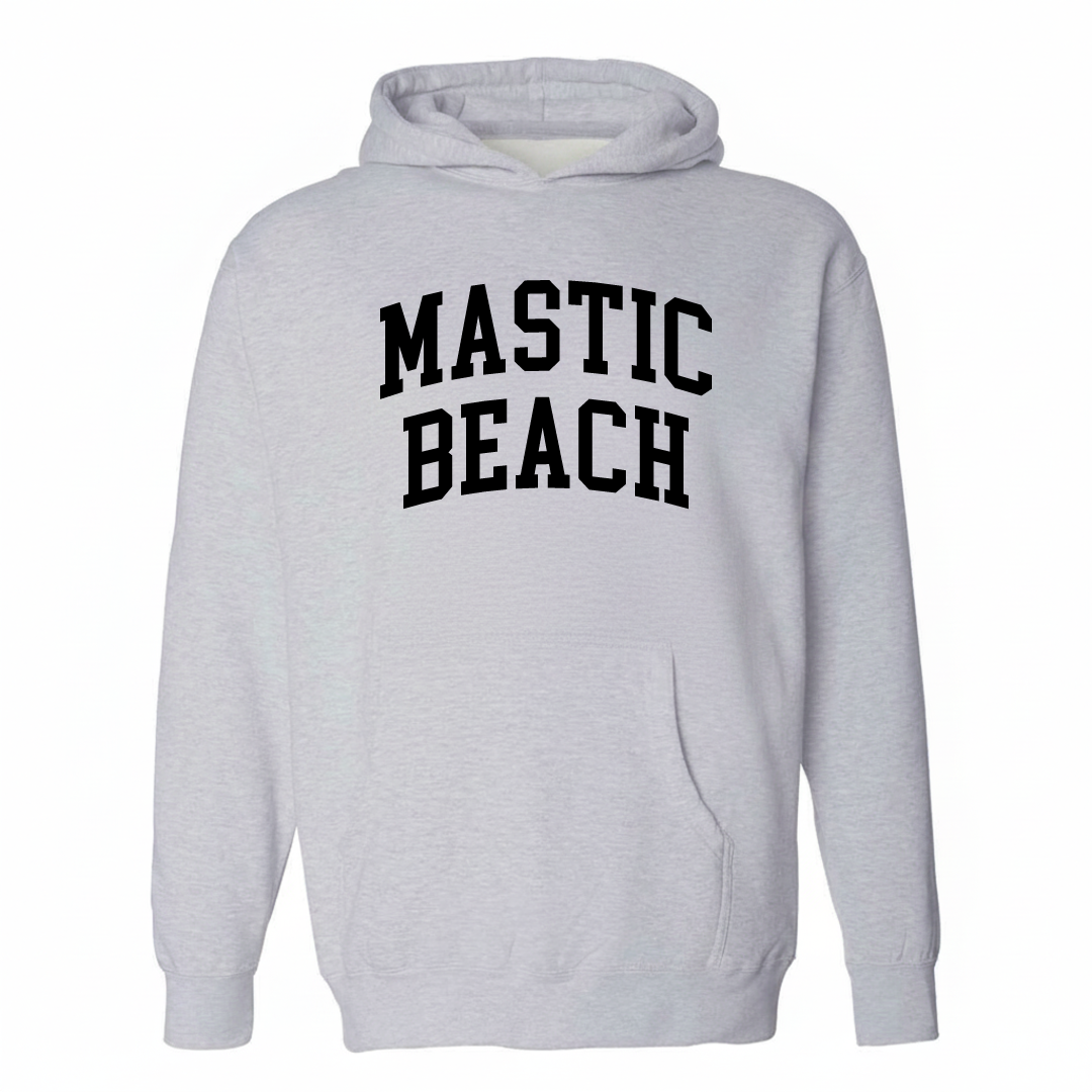Heather-gray hoodie with the Mastic Beach varsity arched lettering design on the chest.