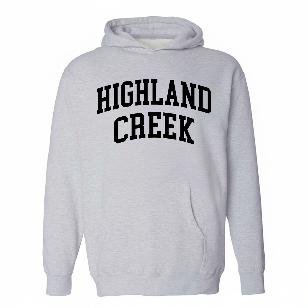 Heather-gray hoodie with the Highland Creek varsity arched lettering design on the chest.