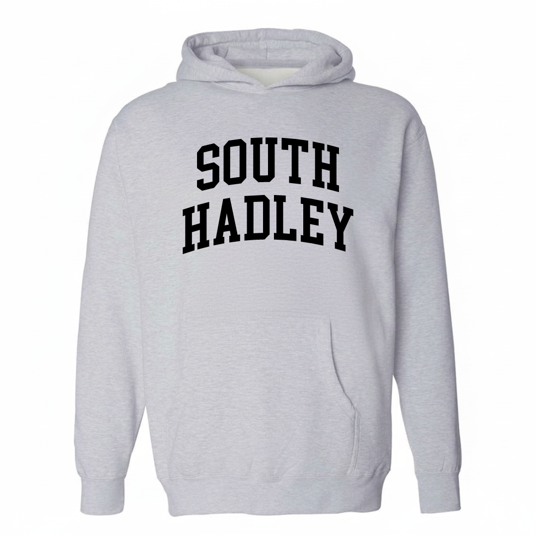 Heather-gray hoodie with the South Hadley varsity arched lettering design on the chest.