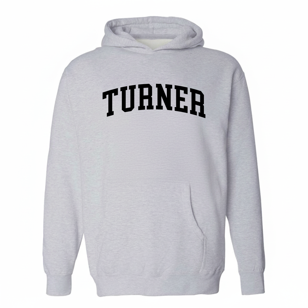 Heather-gray hoodie with the Turner, Maine varsity arched lettering design on the chest.