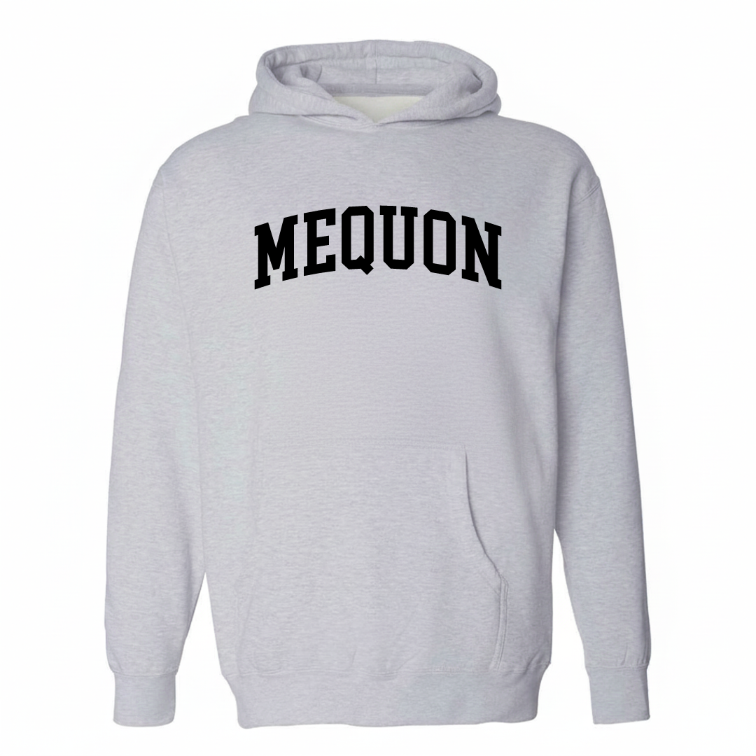 Heather-gray hoodie with the Mequon varsity arched lettering design on the chest.