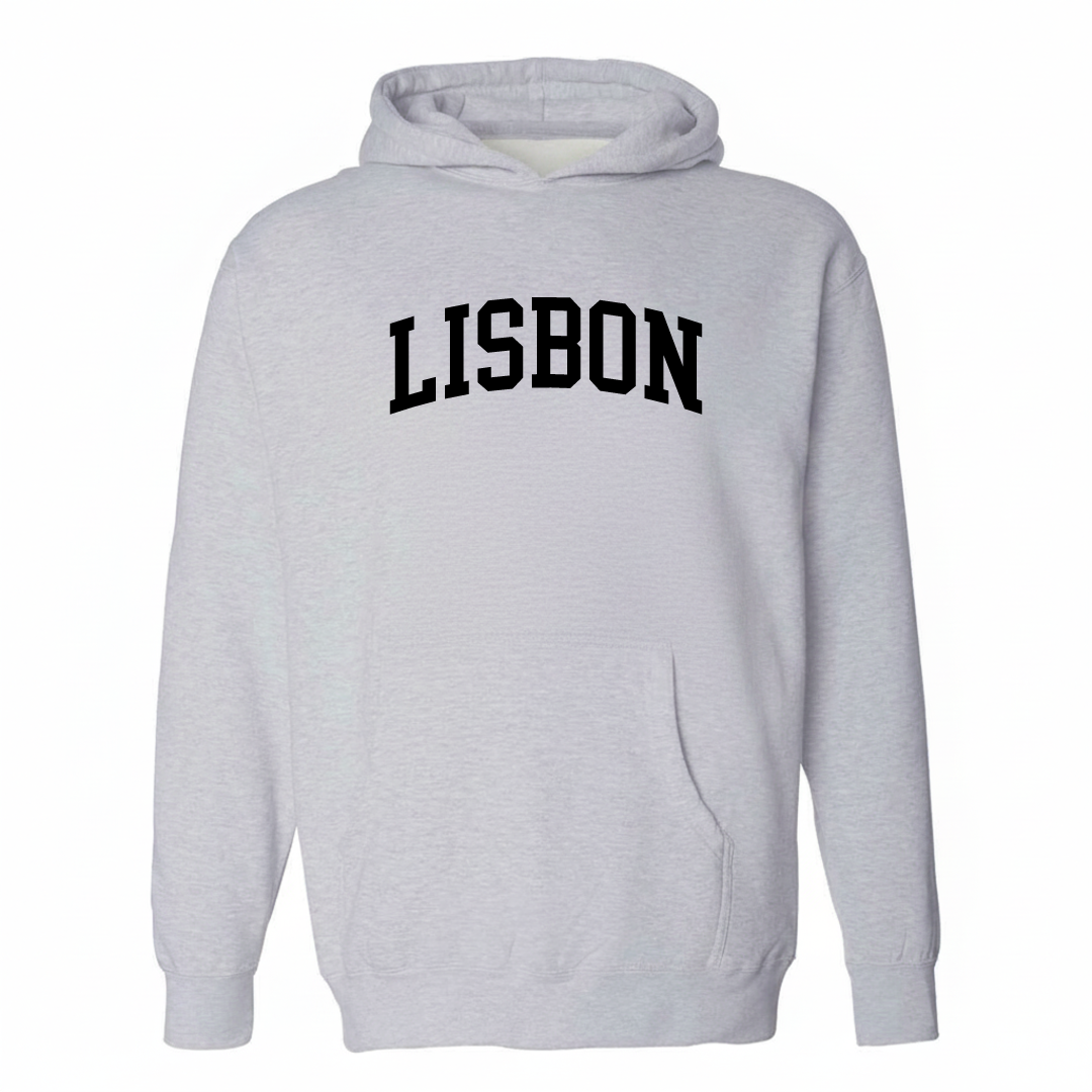 Heather-gray hoodie with the Lisbon arched varsity lettering design on the chest.