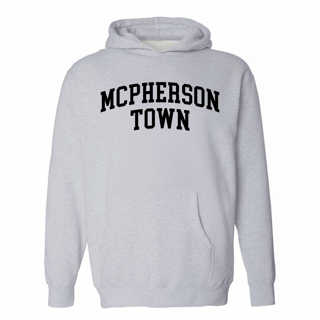 Heather-gray hoodie with the McPherson Town varsity arched lettering design on the chest.