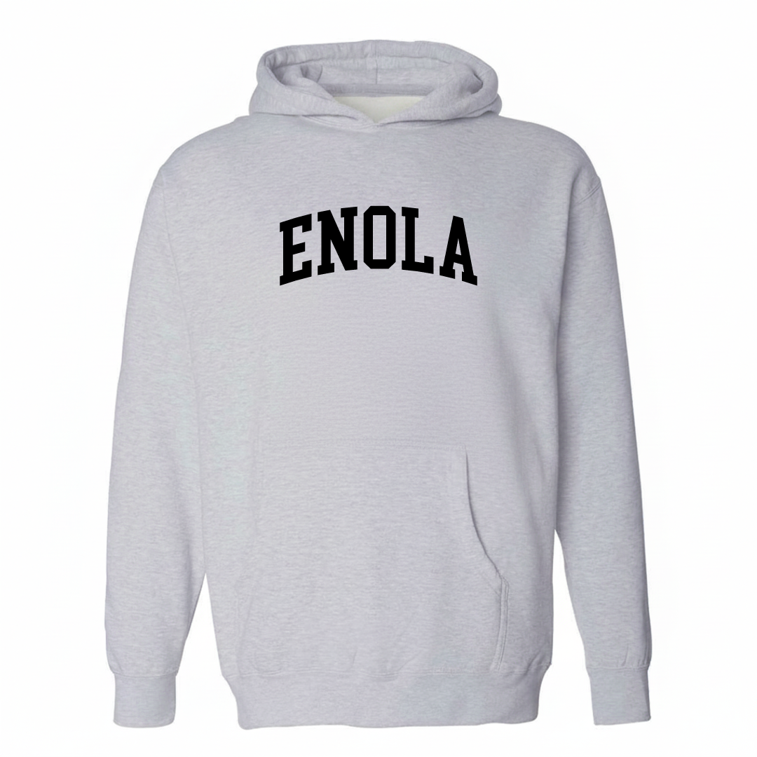 Heather-gray hoodie with the Enola varsity arched lettering design on the chest.
