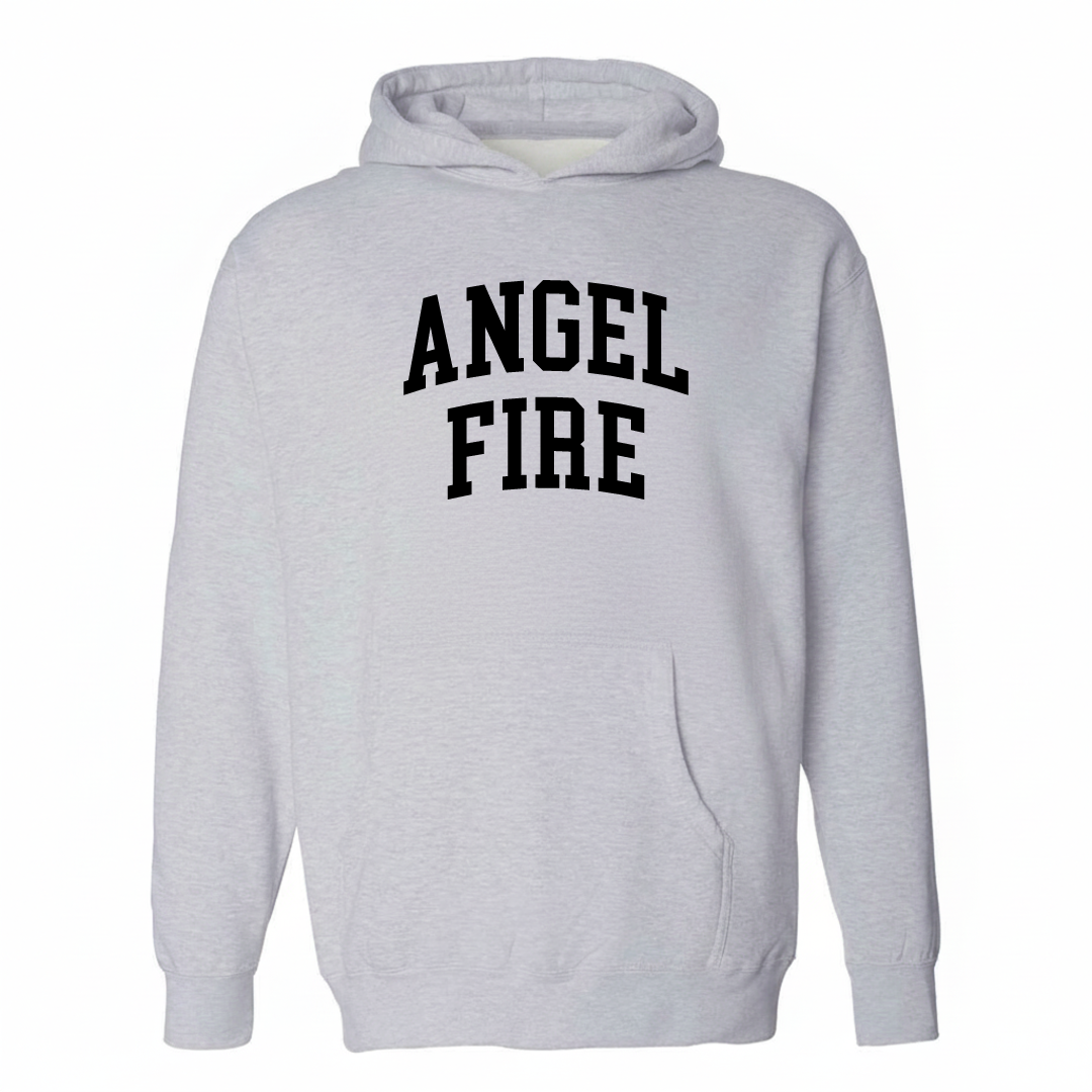Heather-gray hoodie with the Angel Fire varsity arched lettering design on the chest.
