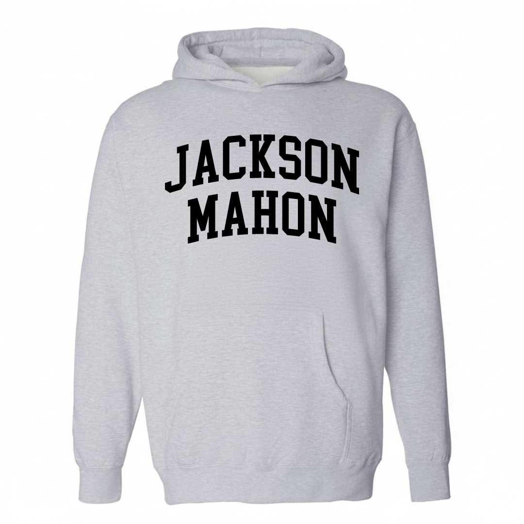 Heather-gray hoodie with the Jackson-Mahon arched lettering design on the chest.