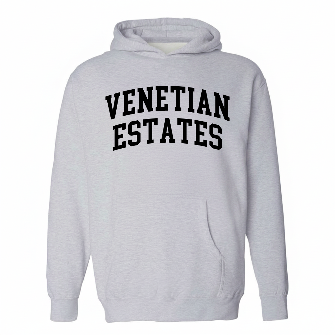 Heather-gray hoodie with the Venetian Estates varsity arched lettering design on the chest.