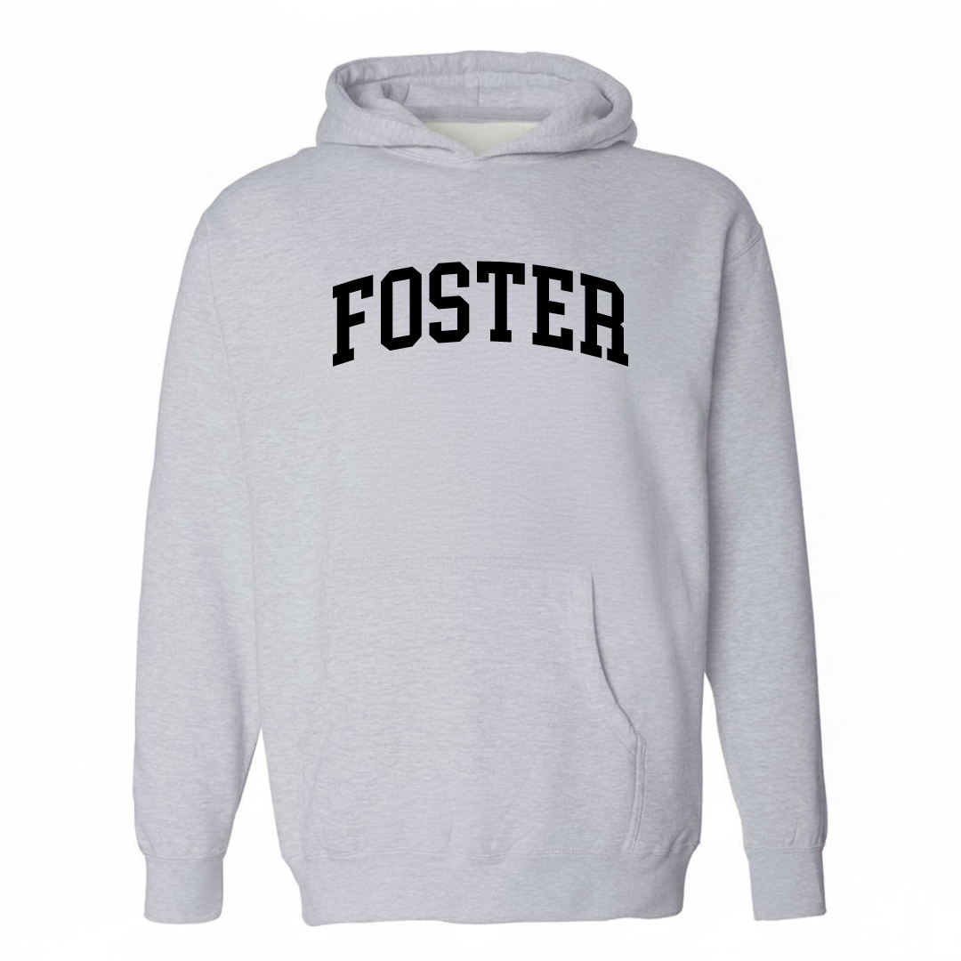 Heather-gray hoodie with the Foster, Rhode Island varsity arched lettering design on the chest.