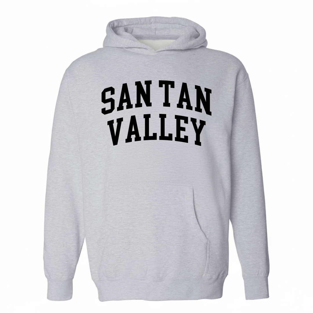 Heather-gray hoodie with the San Tan Valley arched lettering varsity-collegiate design on the chest.
