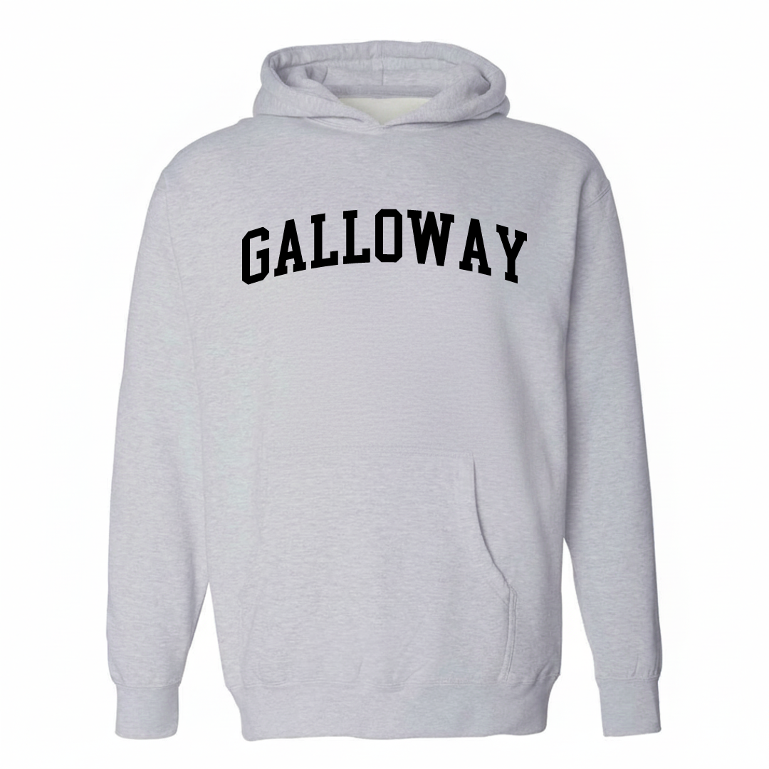 Heather-gray hoodie with the Galloway arched varsity lettering design on the chest.